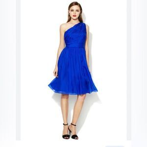 Monique Lhuillier NWT One Shoulder Silk Cobalt Knee Length Pleated Dress- Size 8